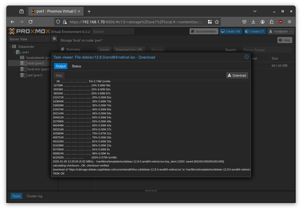 Proxmox window showing download completed
