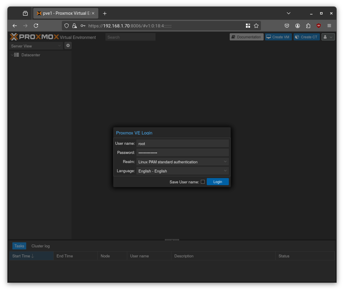 Proxmox Login screen