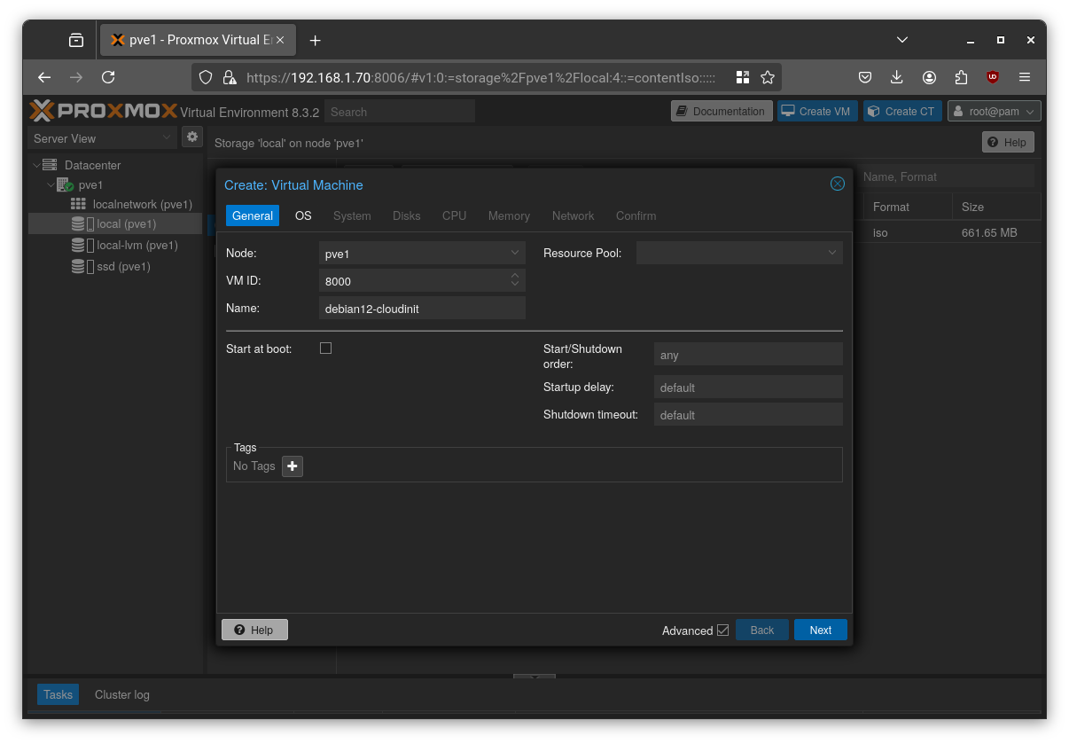 Proxmox VM creation step 1