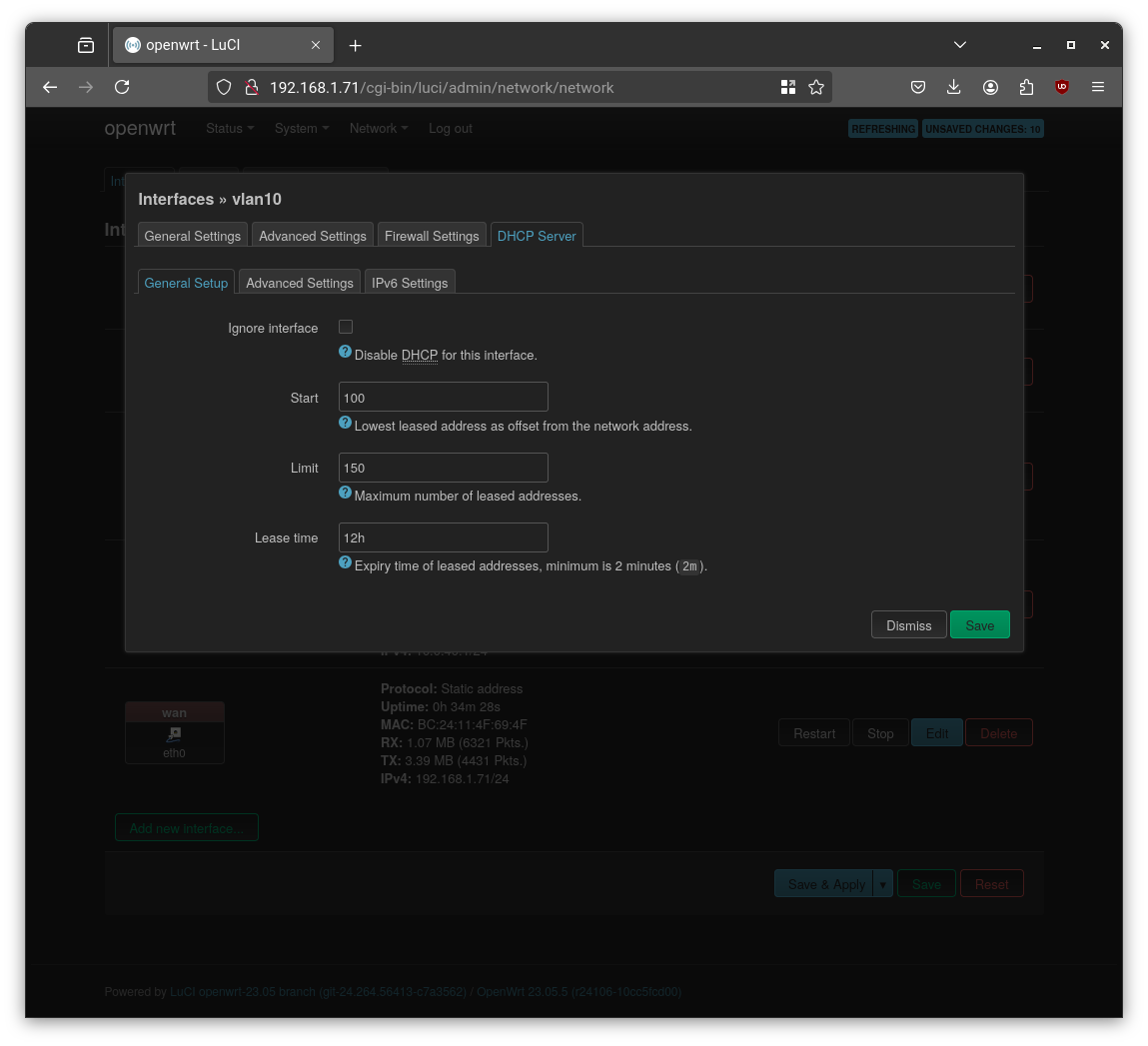 Openwrt DHCP Settings for VLAN 10