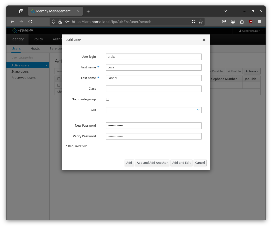 freeIPA add user form
