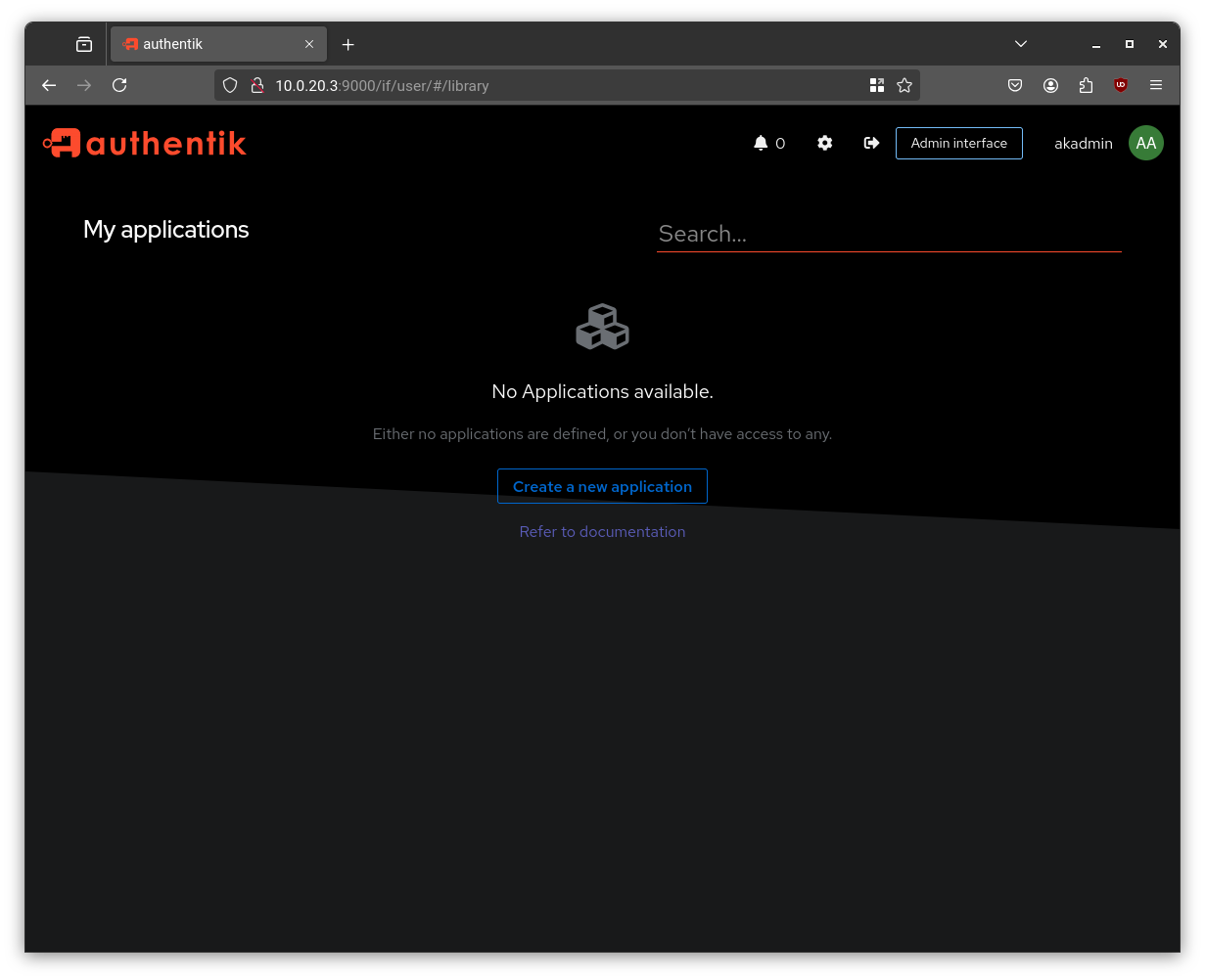 authentik main dashboard